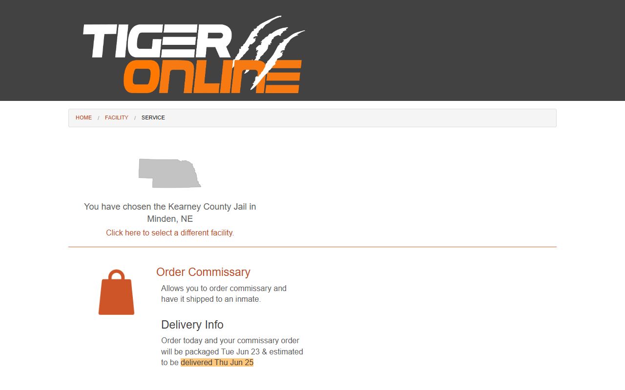 Kearney County Jail commissary ordering page for inmate support
